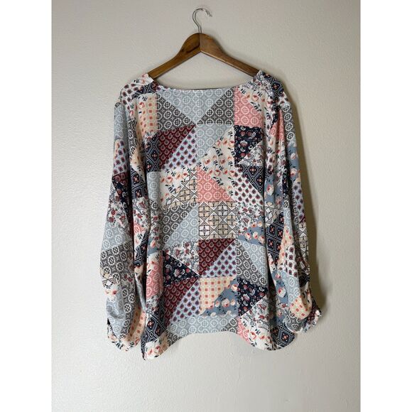 Cato Floral Multi Pattern Button Up V Neck Blouse Sz 18/20 Bishop Sleeve Boho - Picture 4 of 7